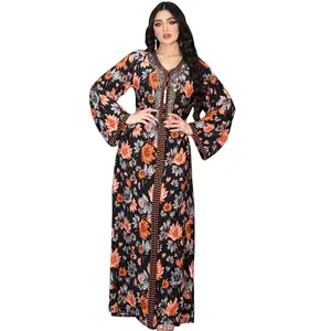Vestido largo musulmán de manga larga con estampado Floral, caftán marroquí de lujo, estilo árabe, con diamantes