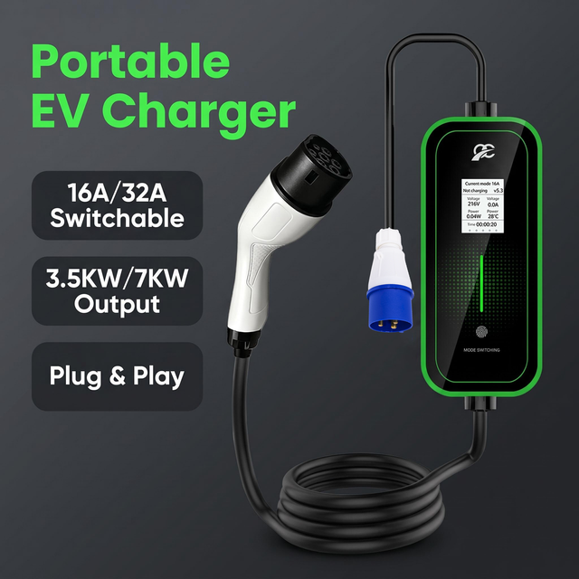 Adjustable Screen Current 6-32A Plug and Play 60HZ American TYPE2 Portable Ev Charger 7kw