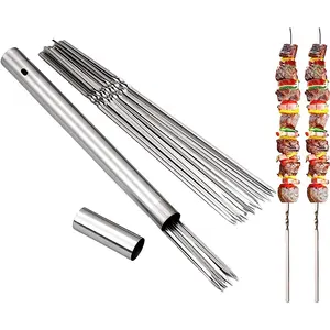 Thép không gỉ kim loại phẳng BBQ nướng Kebab xiên shish kabob nướng xiên với kim loại cầm tay lưu trữ Ống