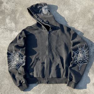 เสื้อฮู้ดดี้ทรงบ็อกซี่แบบมีซิป สไตล์สตรีทแวร์ ผ้าเฟรนช์เทอร์รี่ หนานุ่ม ทรงโอเวอร์ไซส์ ดีไซน์เนอร์ ประดับคริสตัล ล้างสีแบบแอซิดวอช - Product Image 1