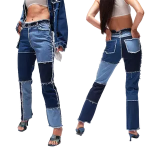 Celana Olahraga Hip Hop Wanita Celana Denim Longgar Panjang Tinggi Celana Jeans Jahit Capris Tambalan Rumbai Modis