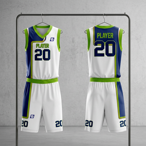 Ensemble de maillots de basket-ball sublimés personnalisés Blanc Marine Vert Joueur 20 Sans manches Col en V Polyester respirant Adulte Unisexe - Product Image 6