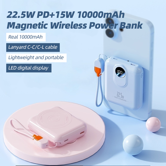 Wholesale 22.5W Fast Charging Powerbank with Lanyard 10000mAh  Magnetic Wireless Digital Display Portable Power Bank