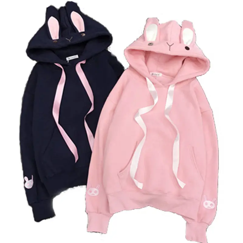 Women's Embroidered Rabbit Ears Hoodie Plus Velvet Padded Hooded Sweater Cute Girl Student Boudoir Suit