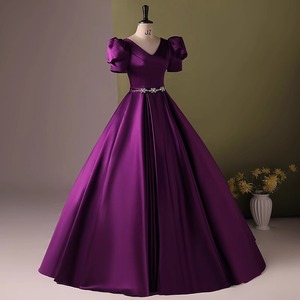 Purple Satin Ball Gown With Puff Sleeves And Beaded Waist For Women Stage Performance Dress - Product Image 2