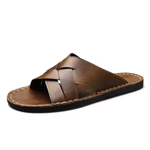 Zapatos de cuero de vaca de lujo para hombre, sandalias planas con punta abierta, pantuflas de moda, sandalias de talla grande para hombre, zapatos para caminar en la playa al aire libre. - Product Image 4