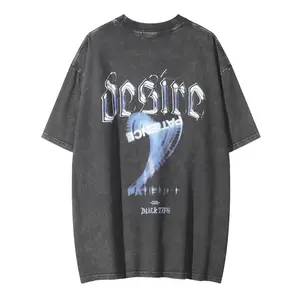 New Design Custom Logo Devil Print Washed Short Sleeve T-shirt Men's Summer Hip Hop Trend Loose 5 Sleeve T-shirt