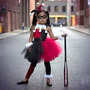 Vestido infantil de halloween, fantasia, dia das bruxas, vestidos de festa, vestido coringa harley quinn para meninas, com acessório