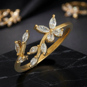 Trendy <b>Adjustable</b> Flower Shape <b>Ring</b> 186813 Prong Setting White Lab Created Marquise Stone Gold/Rodium Polish Women's Party <b>Ring</b> - Product Image 2