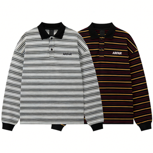 เสื้อโปโลชายแขนยาวผ้าฝ้ายลายทาง คอปกพับได้ สกรีนโลโก้ตามสั่ง - Product Image 1