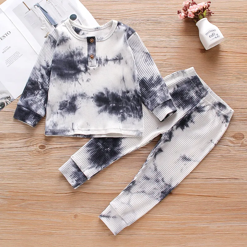 2023 Amazon hot selling long sleeve O-Neck comfortable cute soft shell fall tie dye set for kids 6-60 months baby kids clothes