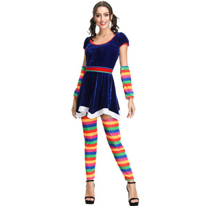 Costume de clown pour femme à rayures arc-en-ciel, inspiré des films et séries TV, avec robe en velours et chaussettes rayées pour Halloween et Noël - Product Image 2