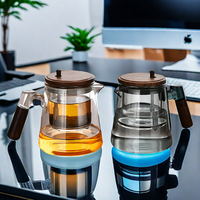 Service à thé et café en verre borosilicate soufflé à la main, design classique, infuseur interne tout en verre, séparation thé-eau, 600 ml, avec poignée