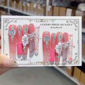 <span class=keywords><strong>Faux</strong></span> ongles à presser longs style Saint-Valentin UE & US 5.0, bicolores rouge et rose avec strass bleus et perles en acier, <span class=keywords><strong>faux</strong></span> ongles sculptés faits main - Product Image 5