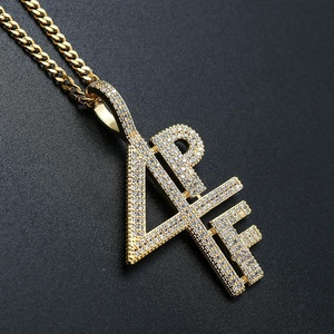 Nuova tendenza 4PF ghiacciato lettere digitali ciondolo collana Cubic zirconi charm catena rodiato Bling gioielli da uomo Hip Hop - Product Image 4