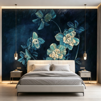 Wallpaper Bunga Biru Tua Kustom Lukisan Minyak Mural Bunga Mewah Ruang Tamu Apartemen Dinding Latar Belakang Tahan Air Seni Modern