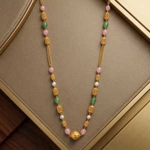 Antique 925 Silver <b>Necklace</b> with Pink and Green Beads Long Chain Mala <b>Statement</b> Jewelry for Women Wedding and Party Wear - Product Image 5