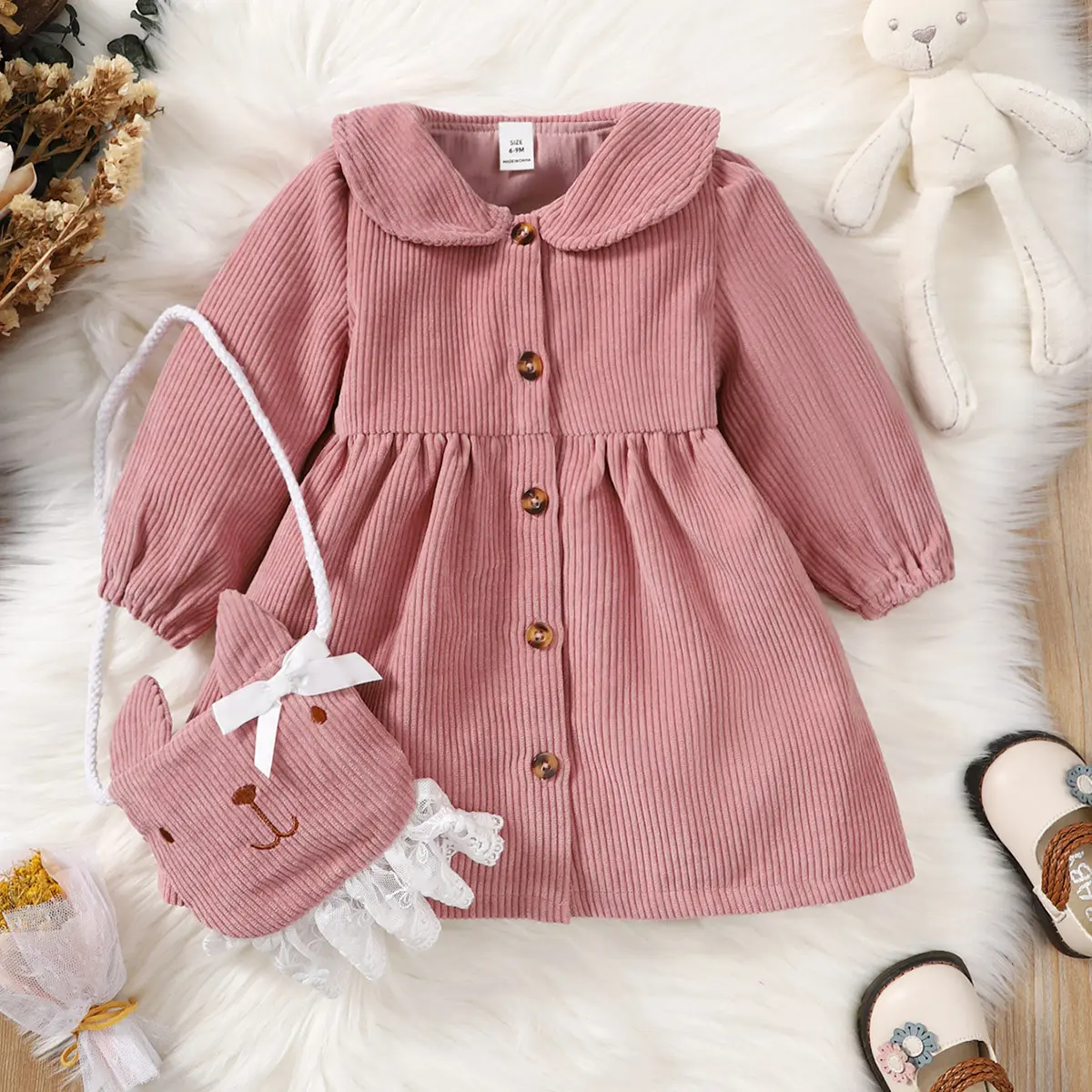 Girl Dress Baby Girl Summer Round Neck Pink Long Sleeve Dress With Backpack Kids Dresses For Girls Casual