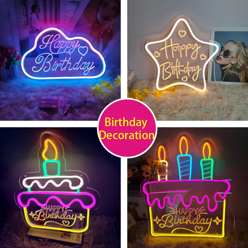 Led Happy Birthday Neon Sign Cloud Star Verjaardagstaart Feestdecoratie Benodigdheden Verjaardagscadeau Voor Kinderen