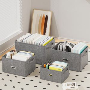 Fabric Storage Bin Rectangle Gray Beige <b>Large</b> Capacity Book Organizer Office <b>Desk</b> Drawer Mounted With Lid - Product Image 2