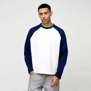 Sweat à capuche oversize homme bicolore bleu et blanc, manches raglan, hiver 2026, 100% coton, qualité lourde, tricoté sans doublure, broderie 3D imprimée - Product Image 1