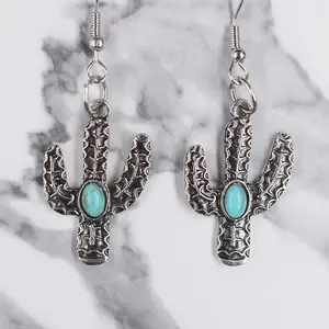 Fashion Western vintage style turquoise sunflower cactus earrings For Women wholesale N94198