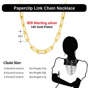 RINNTIN SC39 14K Plated Paperclip Link Chains Jewelry Chunky 925 Sterling Silver Gold Chain Necklace For Women Men Girls