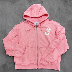 Sudadera con capucha con cremallera reversible lavada personalizada 400 Gsm algodón pesado bordado desgastado apliques diamantes de imitación sudadera con cremallera - Product Image 1