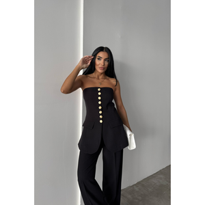 Gilet long en tissu tissé noir pour femme avec boutons dorés, broderie vintage et logo rétro, style décontracté pour costumes d'automne - Product Image 5