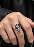 Bague signet croix cercueil en acier inoxydable, style gothique rétro sombre, bague statement, bijoux religieux punk pour homme, usage quotidien