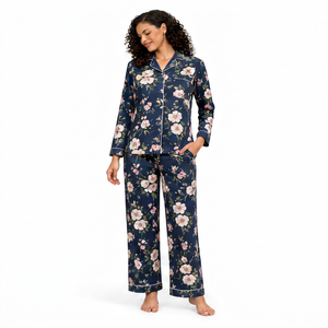 Ensemble de pyjama en coton à imprimé floral, robe de nuit à manches longues, haut de détente, pantalon large pour femme, designs personnalisés, ODM, marques privées, tout - Product Image 1
