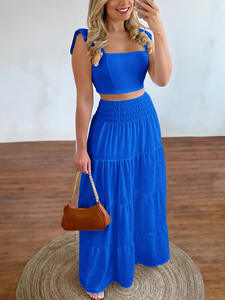 <span class=keywords><strong>Vacances</strong></span> européennes et américaines Casual Skinny Solid Jupe mi-longue à manches courtes Ensemble 2 pièces en mousseline de soie pour femmes - Product Image 4