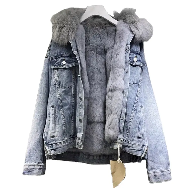 New 2022 Japan Korea Autumn Winter New Fashion Fur Jean Jacket For Women Denim Coat Fur Lining Vintage Casual Jacket