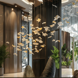 Lustre moderne de luxe en métal et verre avec LED blanc chaud en forme de feuilles pour plafonds hauts, salon/villa - Product Image 1