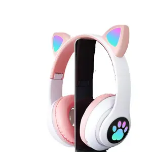 Headphone telinga kucing lucu hadiah anak-anak grosir Headset Gaming Earphone nirkabel headphone STN28 dengan telinga kucing