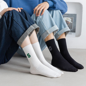 Tất Mới Tất Vải Cotton Cổ Trung Thêu Chữ C Xu Hướng Hàn Quốc Tất Lưới Màu Đỏ Xanh Dương Màu Xanh Lá Cây Sọc Tương Phản - Product Image 3