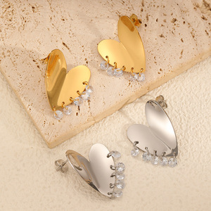 Heart-Shaped Stainless Steel <b>Stud</b> Earrings Gold <b>Silver</b> With Crystal Drops Fashion Jewelry For Women - Product Image 2