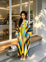 Nouvelle Collection Été 2026 – Robe Kaftan Ample à Rayures Col V avec Poches, Imprimé Ethnique Africain, Boubou Décontracté Grande Taille pour Femme en Polyester