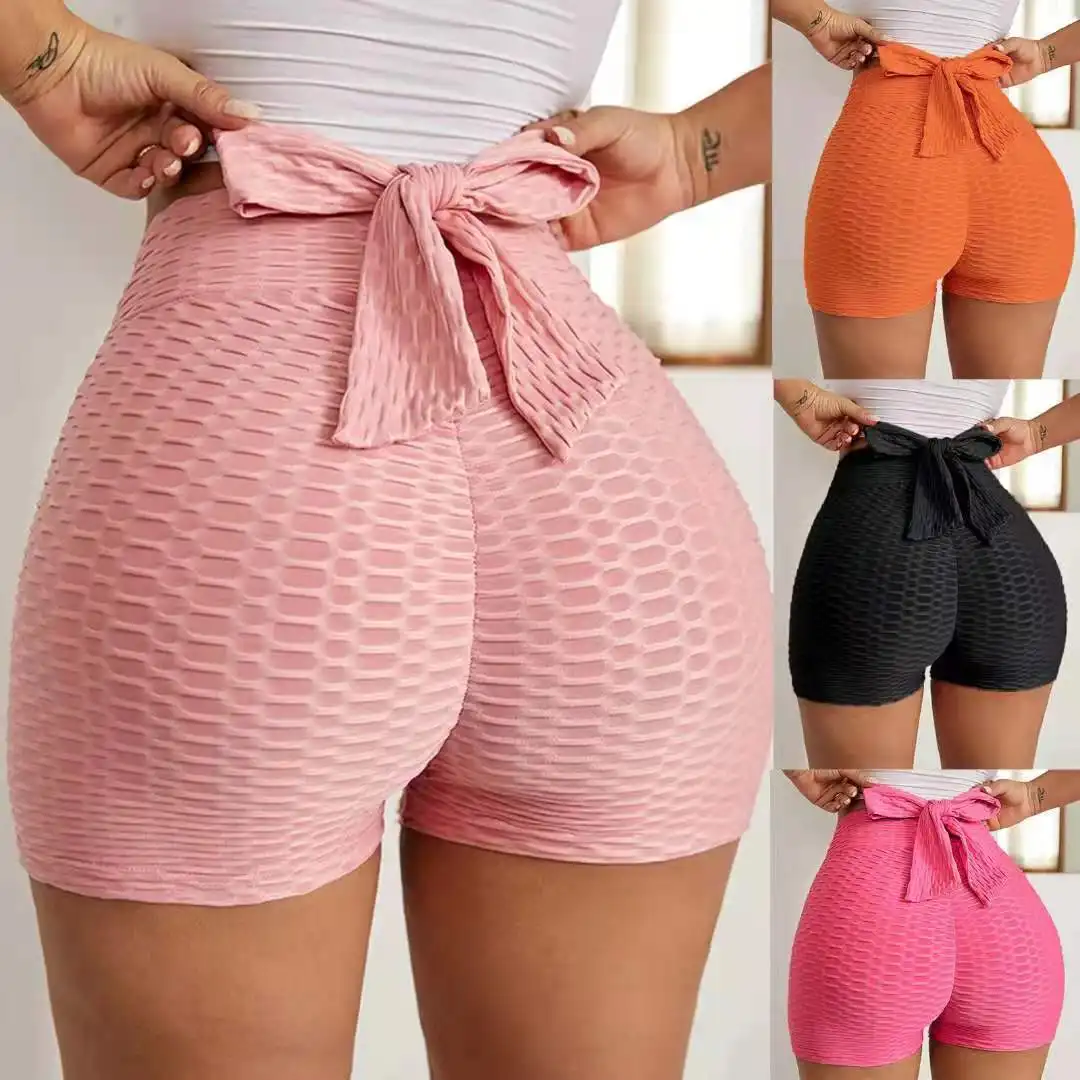 Wholesale Women Shorts Casual Workout High Waist Yoga Sports Shorts Bow Tie Textured Butt Lifting Girl's Shorts