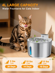 Fontaine à eau sans fil pour chat, plateau en acier inoxydable, 4L, fontaine à eau pour animaux de compagnie avec capteur de mouvement, pompe ultra silencieuse - Product Image 2