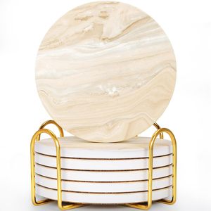 Marble Style Ceramic Coasters Set Absorbent Cup Coasters With Metal Holder Stone Mat for Kitchen Tabletop Protection Home Decor - Product Image 1