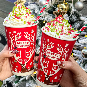 Customizable Single Layer Disposable Coffee Paper Cups with Christmas Reindeer Merry Christmas Design 8oz/12oz/16oz