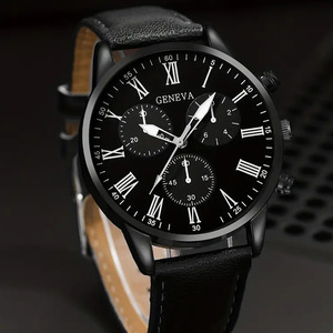 Venta al por mayor Venta caliente correa de cuero negro metálico cuarzo giro platino Ginebra relojes de lujo para hombres - Product Image 4