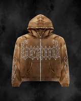 Hoodie Pria Custom 100% Katun Bordir Berhias Rhinestone dengan Ritsleting, Streetwear Y2K, Acid Wash, Heavyweight, Oversized, Sweatshirt Fleece Motif Bintang