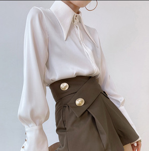 Women's <b>Satin</b> Shirt Wide Collar Long Sleeve Gem Button Detail Formal Office <b>Blouse</b> Fashion - Product Image 4