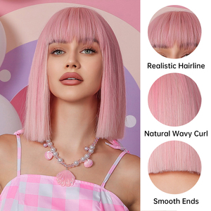 Peluca sintética de Bob rosa con entrega inmediata para mujer, pelucas cortas y rectas con <span class=keywords><strong>flequillo</strong></span>, fiesta de pelo falso de Cosplay de colores rosas - Product Image 6