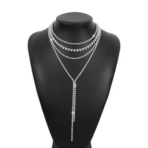 Lange Quaste Strass Choker Halskette Glänzende mehr schicht ige Körper kette Schmuck für Party Luxus 4 Schichten Rolo Kragen