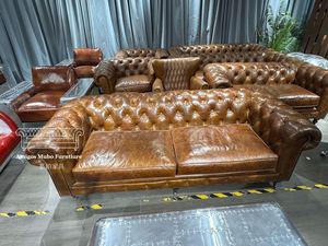 Canapé Chesterfield 3 places en cuir véritable, style vintage américain rétro - Product Image 2