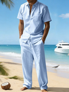New European and American Style <strong>Men's</strong> <strong>Linen</strong> Casual Solid Color Short-sleeved <strong>Shirt</strong> and Trouser Suit, Summer <strong>Linen</strong> Material - Product Image 5