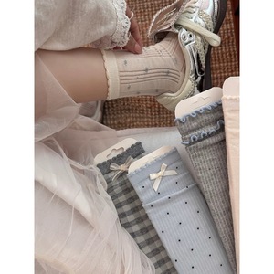 Ballet Style Long <b>Socks</b> With Bow Trim Medium Thickness Polyester Fiber Women's Slouch <b>Socks</b> For Spring Autumn - Product Image 2